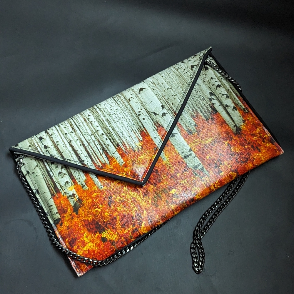 Kent Stetson Fall forest scene Envelope purse crossbody art Fall Halloween